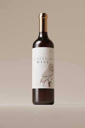 A wine bottle with a sleek and elegant design is centered against a neutral background. The label features an illustration of an owl, adding a touch of artistic charm, and prominently displays the text 'An Elegant Wine.' The bottle has a dark body with a shiny metallic gold cap.