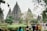 Several ancient stone temple structures with intricate designs surrounded by lush greenery. Groups of people are walking around, appearing to be tourists. Trees and shrubs are present in the foreground, partially obscuring the view of the temples.