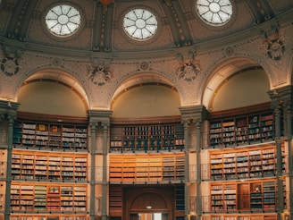 A whimsical illustration of a library filled with fantasy books and magical elements.