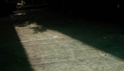 A concrete floor with visible cracks, partially illuminated by sunlight casting a shadow. There are a few small, scattered leaves on the surface, along with a piece of paper near the center.