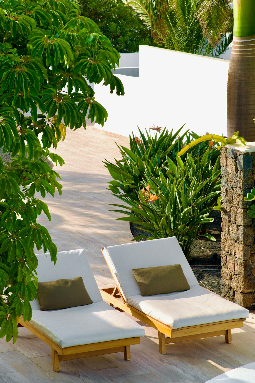 a couple of lounge chairs sitting on top of a wooden floor