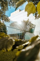 A modern building with a geometric design featuring large glass panels and a light-colored facade. The structure is surrounded by greenery, with trees and leaves partially framing the foreground. Sunlight reflects off the glass and filters through the leaves, casting a warm glow.