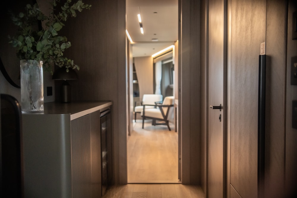 a hallway leading to a living room and dining room