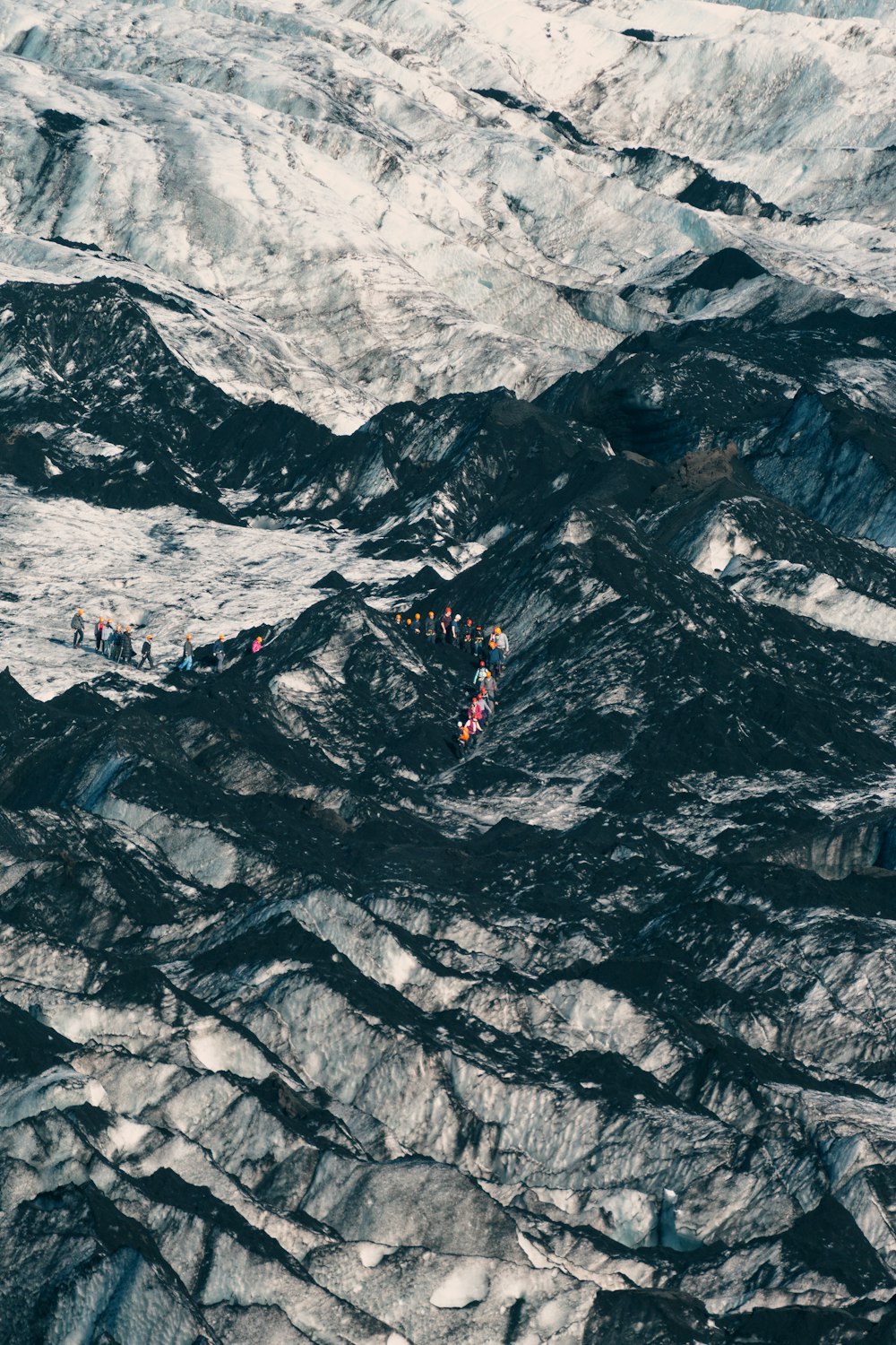 a group of people standing on top of a snow covered mountain