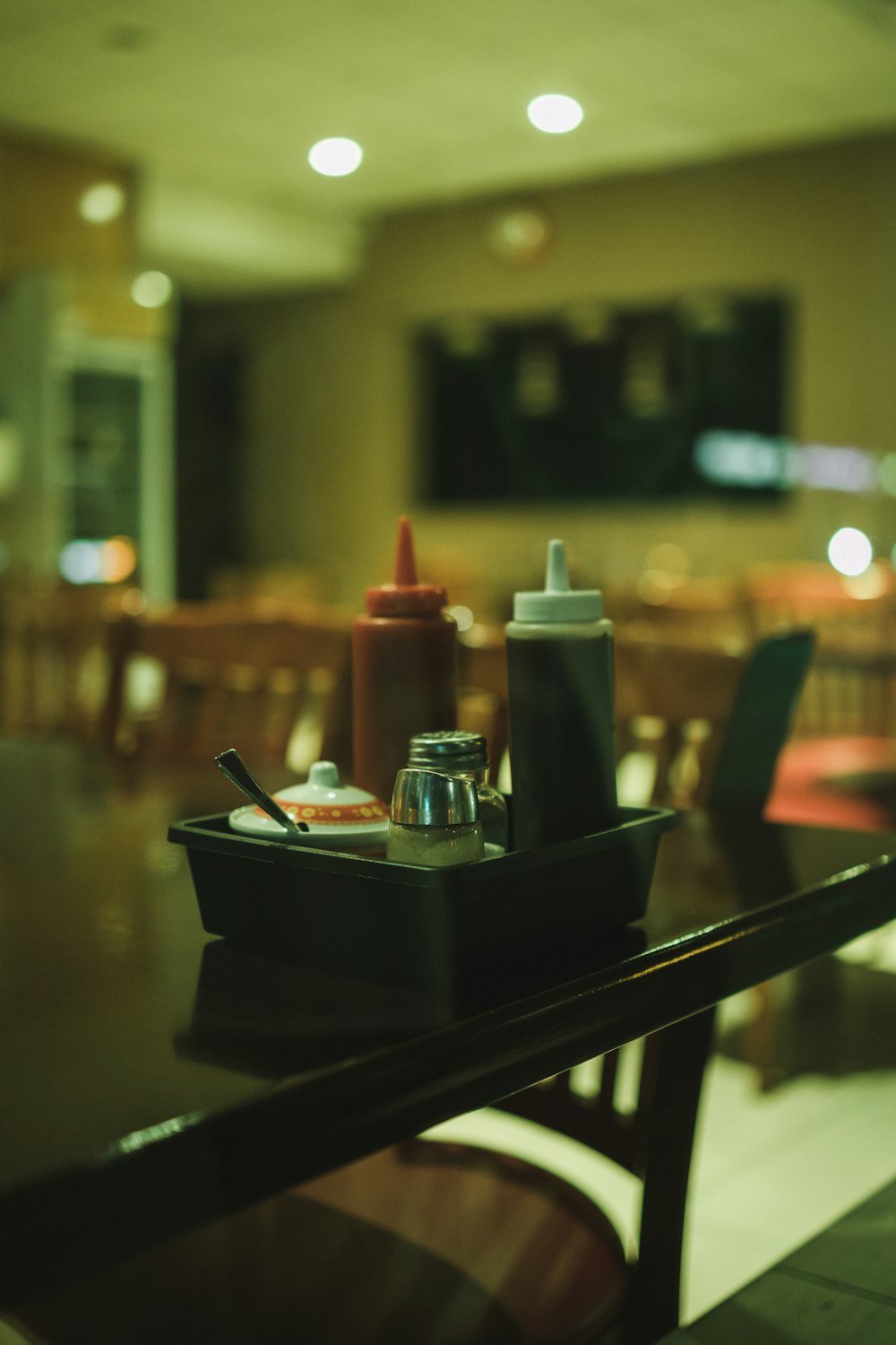 a tray of food sitting on top of a wooden table