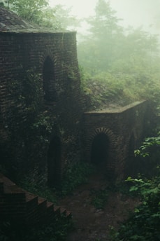 An ancient stone structure partially covered by lush vegetation and surrounded by mist. The building appears weathered, with arched doorways and brick walls. The atmosphere is serene yet mysterious, emphasizing a sense of history and nature reclaiming the area.