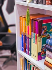 A collection of colorful books arranged on a desk.