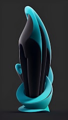 An abstract sculpture featuring smooth, flowing lines and a blend of black and turquoise forms. The shapes are intertwined, creating a sense of fluid motion and elegance. The surface appears glossy and reflective, enhancing the modern aesthetic.