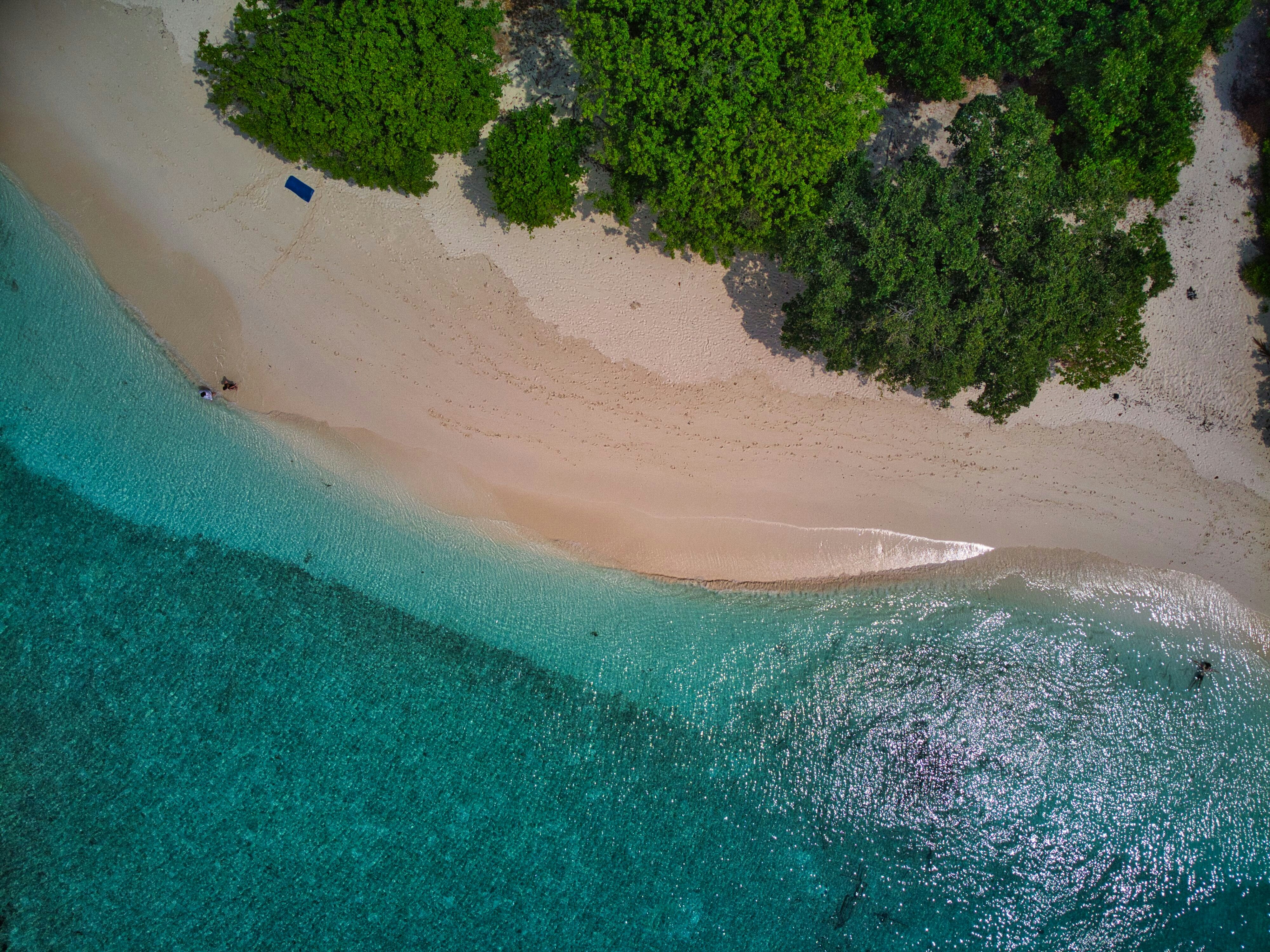 an aerial view of a beach with a boat in the water