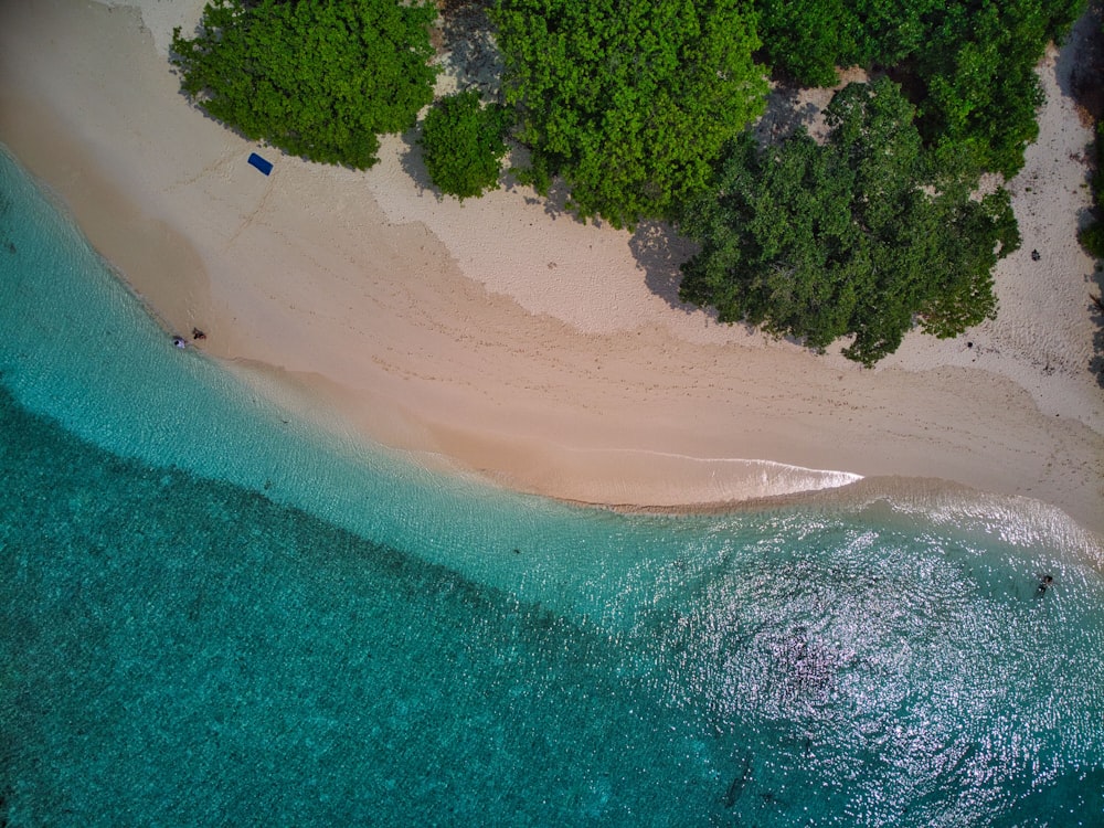 an aerial view of a beach with a boat in the water