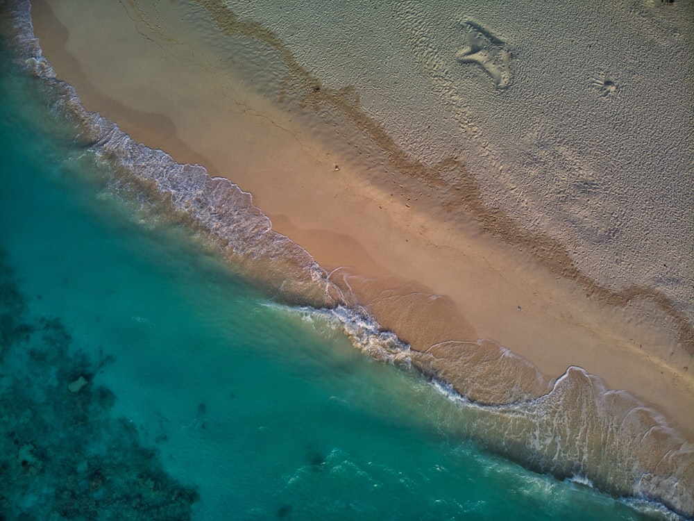 an aerial view of a sandy beach and ocean