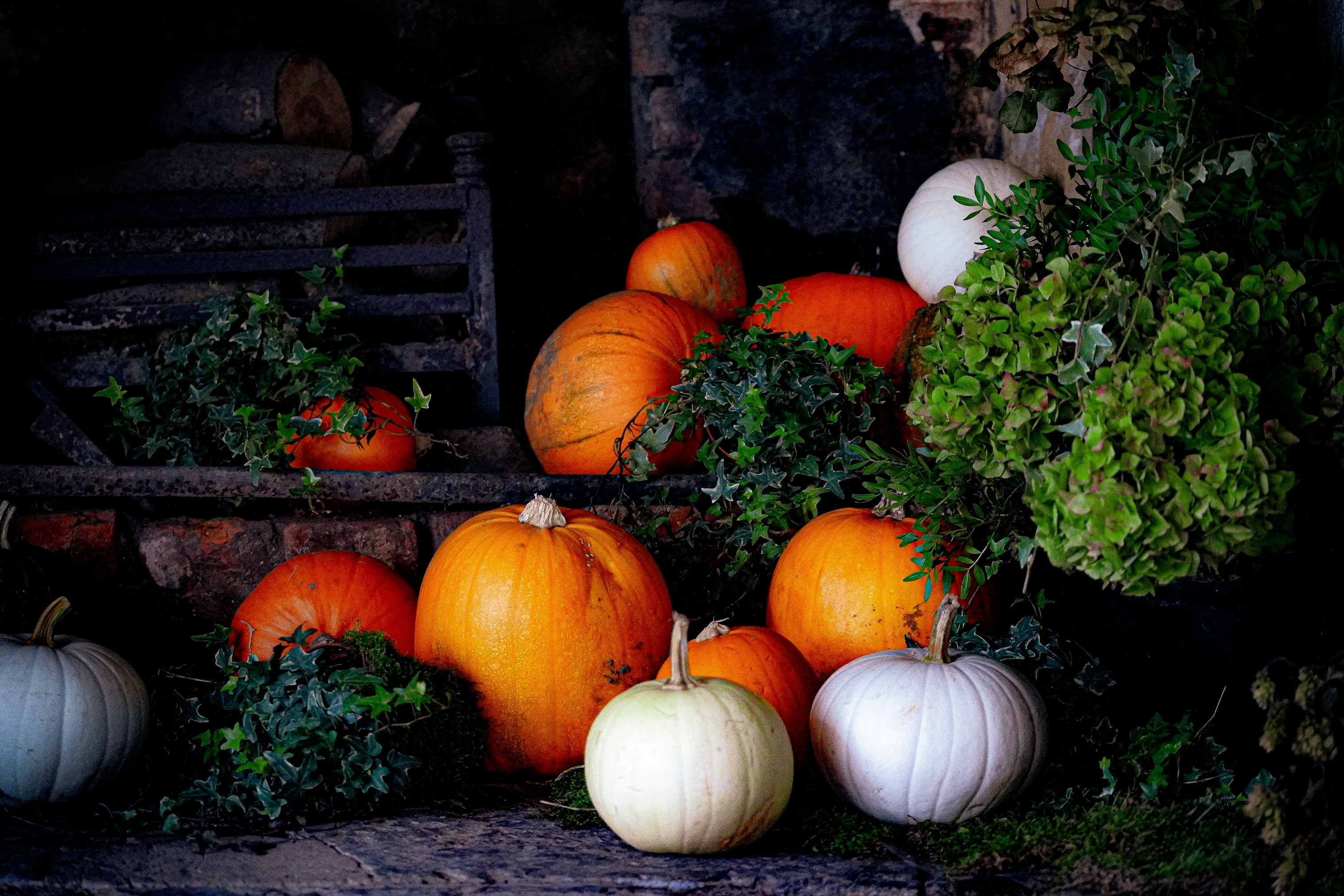 a pile of pumpkins sitting on top of a table