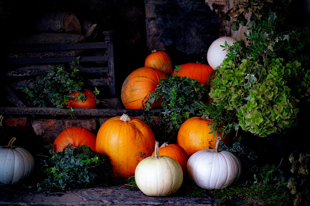 a pile of pumpkins sitting on top of a table