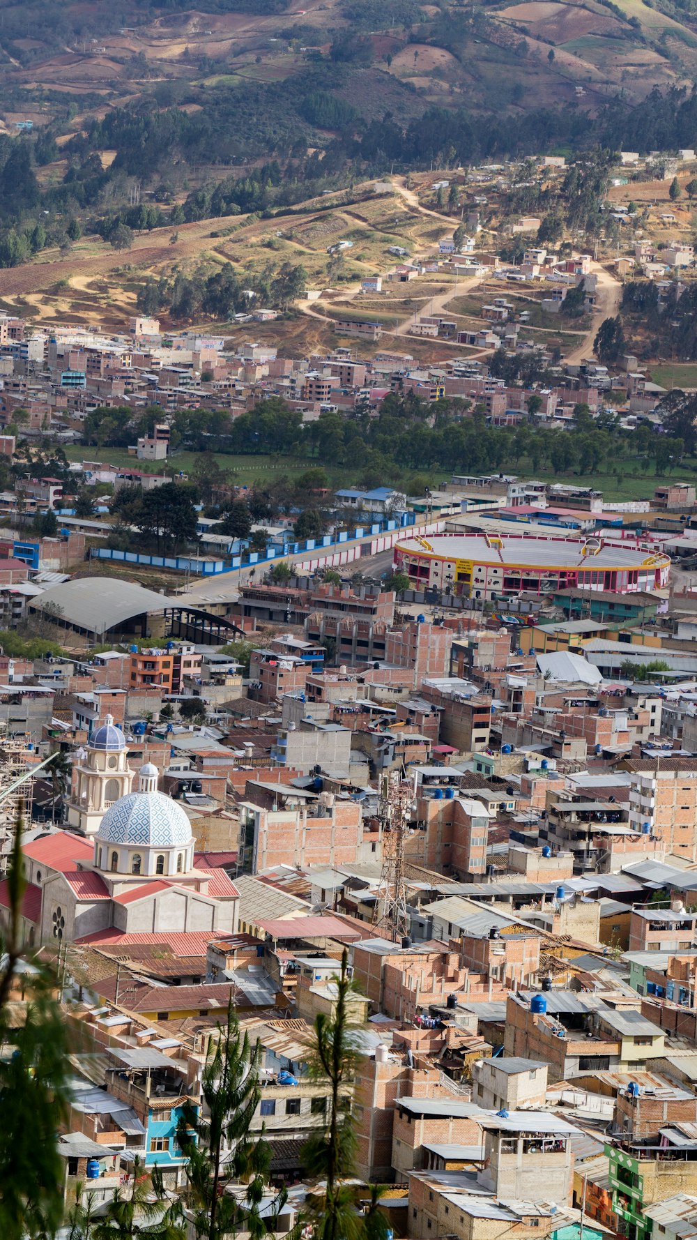 a view of a city with mountains in the background