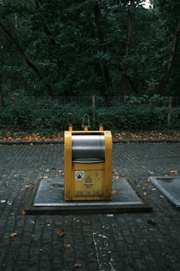 A yellow recycling bin with signage stands on a cobblestone path, surrounded by dense green foliage and trees in the background. The bin appears to be in a park or wooded area.