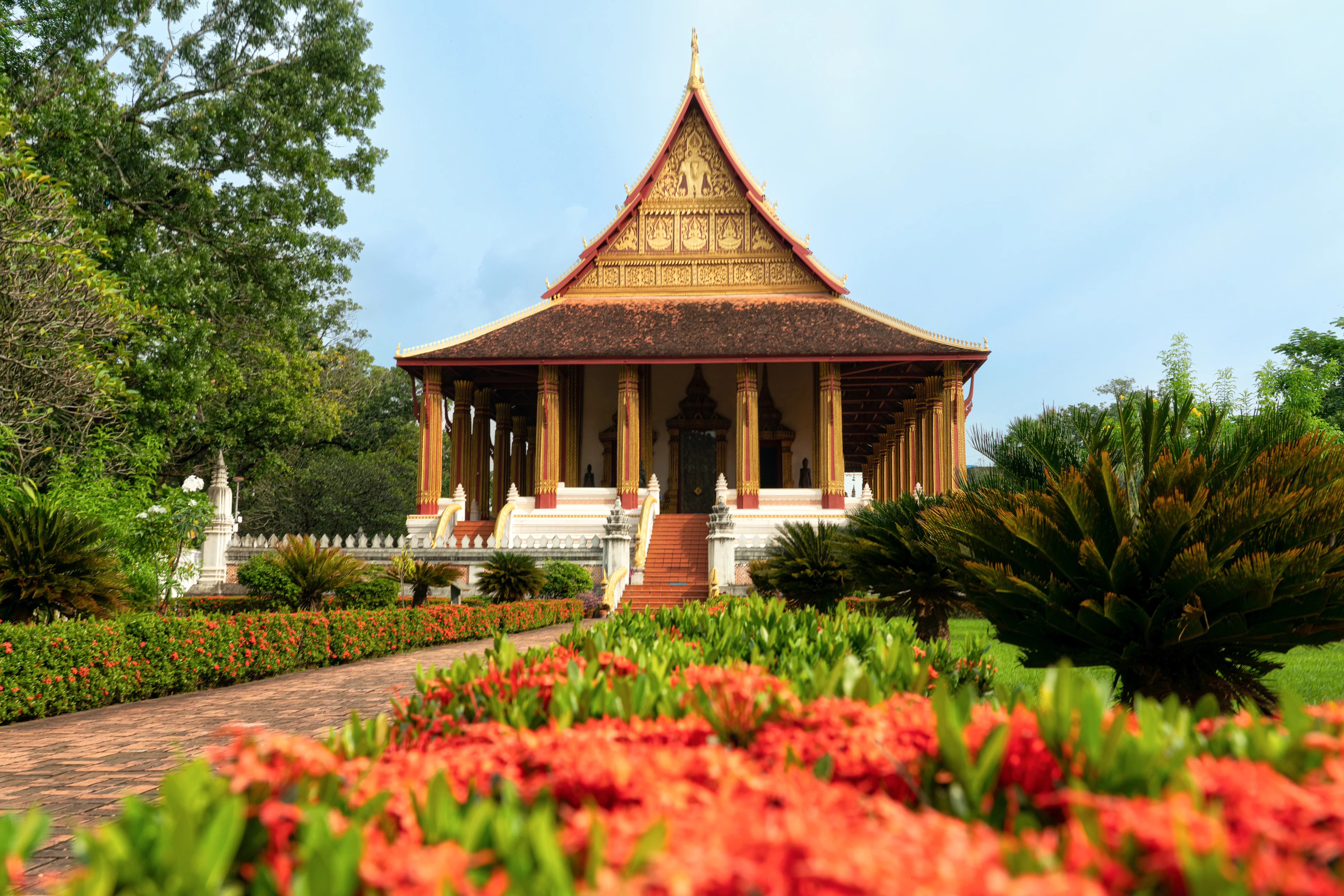 Haw Phra Kaew in Vientiane, its gilded gable and tiled roof rising above a colonnaded terrace, seen across a garden path banked with scarlet ixora in flower