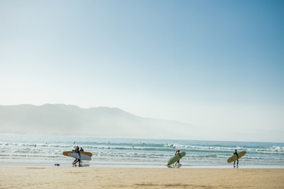 a group of people carrying surfboards on top of a beach