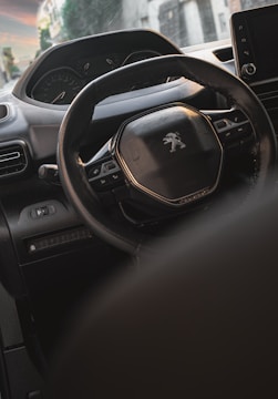 Service team discussing vehicle maintenance plans around a Peugeot car.