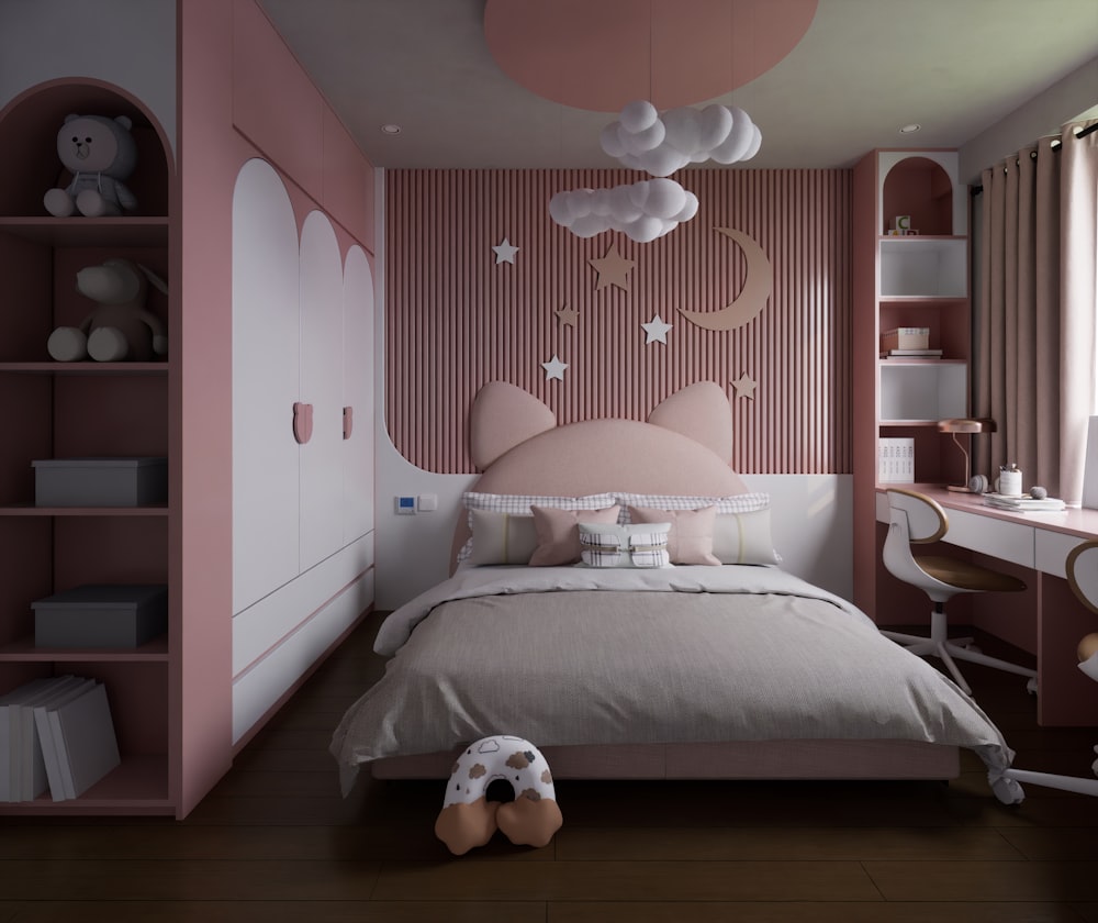 a child's bedroom with pink walls and white furniture