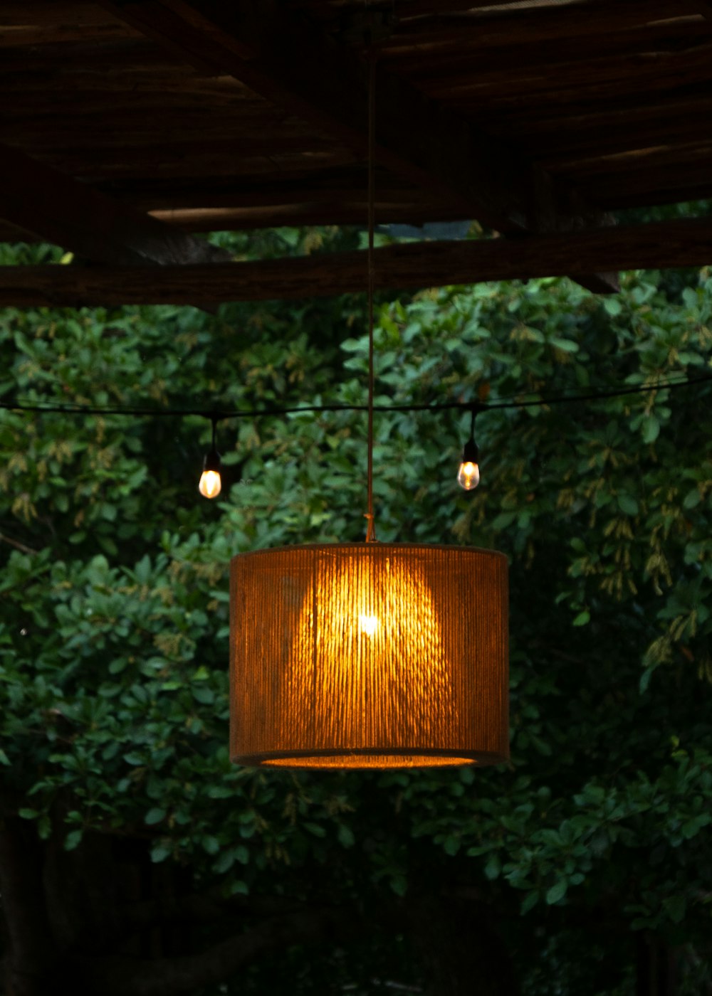 a lamp hanging from a wooden ceiling next to a tree