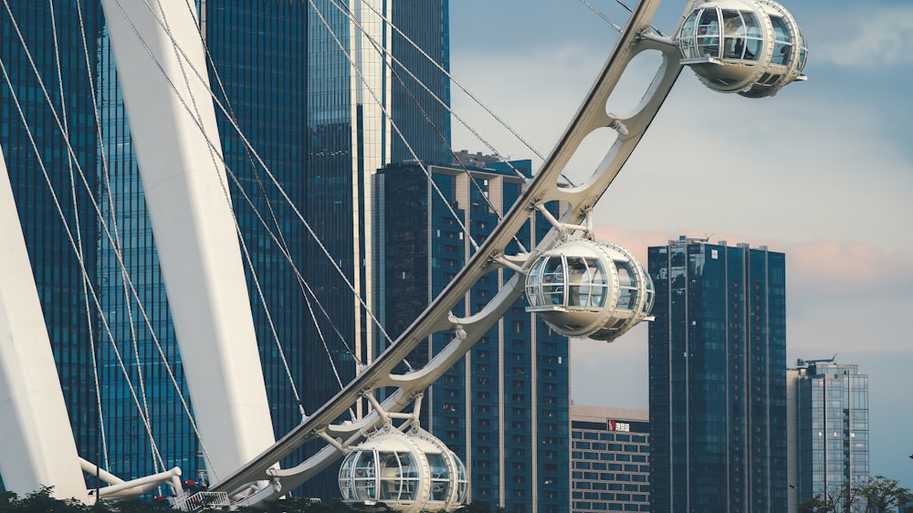 a ferris wheel in front of a city skyline