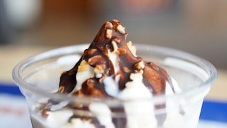 A creamy vanilla ice cream topped with a rich chocolate sauce and sprinkled with crushed nuts, served in a clear cup. The background is softly blurred, emphasizing the smooth texture and vibrant colors of the dessert.