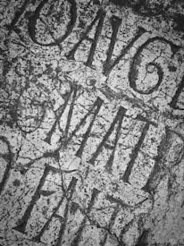 Lettering is etched into a rough stone surface with visible texture and cracks. The carving features Roman-style letters, showcasing a mix of curves and angular lines. The text appears weathered, enhancing the historic feel.