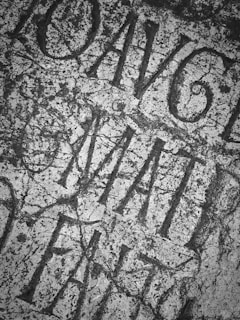 Lettering is etched into a rough stone surface with visible texture and cracks. The carving features Roman-style letters, showcasing a mix of curves and angular lines. The text appears weathered, enhancing the historic feel.