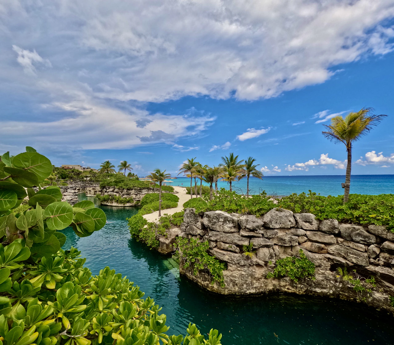 Aerial view of Cancun hotel zone coastline and Caribbean Sea Mexico