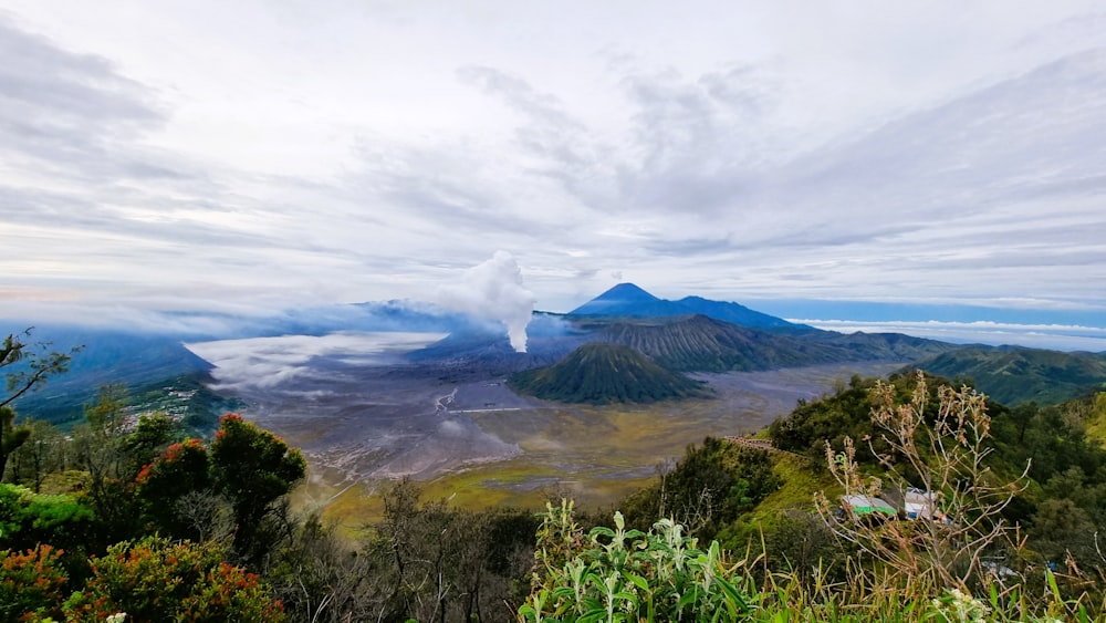 a view of a volcano from a distance