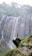A person stands triumphantly on a large rock ledge in front of a tall, cascading waterfall. Lush greenery surrounds the area, and mist rises from the crashing water.