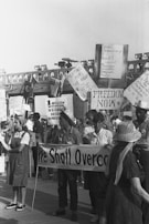 A group of people are gathered in a protest or rally, holding various signs with messages advocating for voting rights, democracy, and representation. Some of the signs read 'Fighting for the right to vote,' 'Freedom now,' 'We shall overcome,' and '1 million Mississippi Negroes deserve representation.' The crowd appears engaged and focused on the cause.