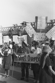 A group of people are gathered in a protest or rally, holding various signs with messages advocating for voting rights, democracy, and representation. Some of the signs read 'Fighting for the right to vote,' 'Freedom now,' 'We shall overcome,' and '1 million Mississippi Negroes deserve representation.' The crowd appears engaged and focused on the cause.