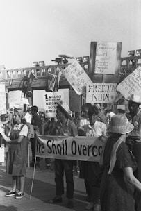 A group of people are gathered in a protest or rally, holding various signs with messages advocating for voting rights, democracy, and representation. Some of the signs read 'Fighting for the right to vote,' 'Freedom now,' 'We shall overcome,' and '1 million Mississippi Negroes deserve representation.' The crowd appears engaged and focused on the cause.
