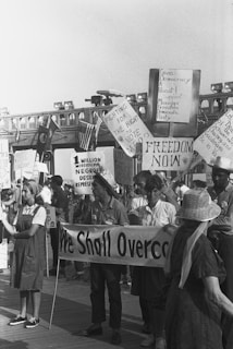 A group of people are gathered in a protest or rally, holding various signs with messages advocating for voting rights, democracy, and representation. Some of the signs read 'Fighting for the right to vote,' 'Freedom now,' 'We shall overcome,' and '1 million Mississippi Negroes deserve representation.' The crowd appears engaged and focused on the cause.