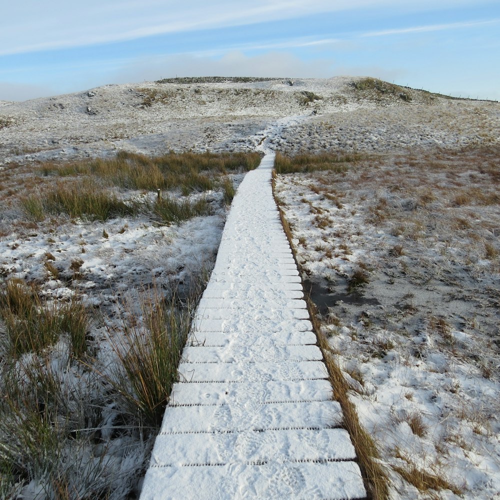 a snow covered path in the middle of a field