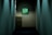 A dimly lit narrow hallway with smooth, light-colored walls. At the end of the hallway, a filing cabinet stands against the wall, partially illuminated. Above the cabinet, a small framed window displays vibrant green foliage bathed in sunlight, providing contrast to the interior's muted tones.