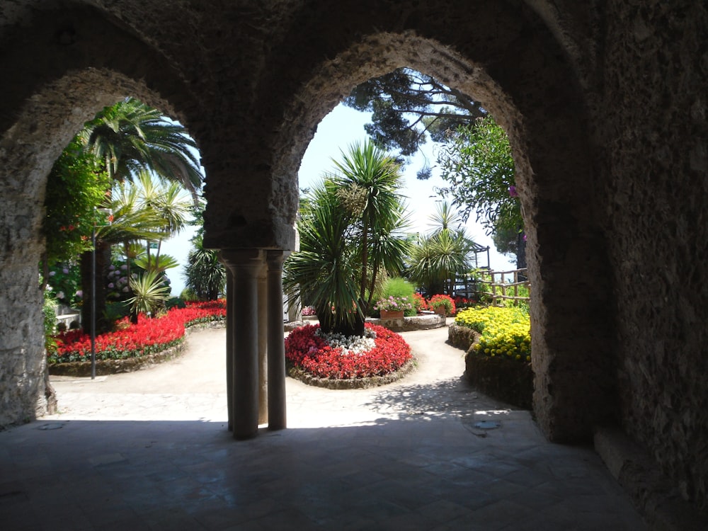 a view of a garden through an archway