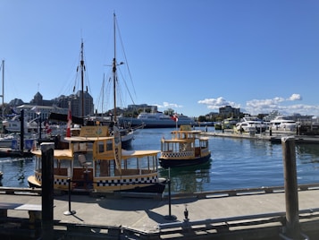 A waterfront scene with several boats docked at a marina. In the foreground, two yellow water taxis are floating on the calm water, sporting checkered patterns and small flags. Various larger boats and ships are moored in the background against a backdrop of buildings and clear blue skies.
