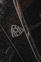 A close-up of a luxury car emblem adorned with raindrops, showcasing sleek chrome details against a dark, glossy surface.