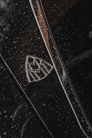 A close-up of a luxury car emblem adorned with raindrops, showcasing sleek chrome details against a dark, glossy surface.