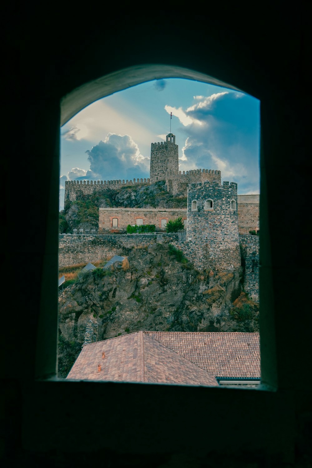 a view of a castle through a window