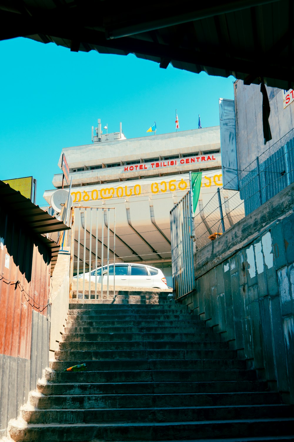 a car driving down a set of stairs