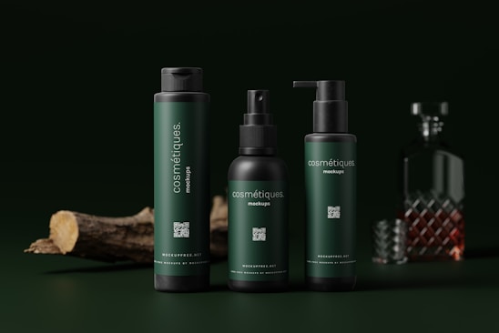 Three dark green cosmetic bottles with black caps are arranged in the foreground. Each bottle has the word 'cosmétiques' written on it. In the background, there is a glass decanter with a patterned design, partially filled with a brown liquid. A piece of wood is lying on the left side, adding a natural element.