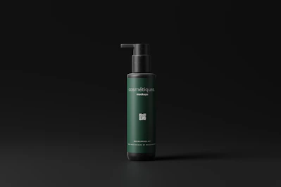 Close-up of a sleek dark green bottle labeled 'Performance Support' with golden accents, resting on a smooth black surface.