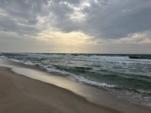 A serene coastal scene with gentle waves rolling onto a sandy beach under a soft, cloudy sky.