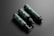 Three dark green cylindrical bottles with black caps and dispensers are arranged diagonally against a dark gray background. The bottles have 'cosmétiques mockup' written on them in white text along with QR codes and other fine text details.