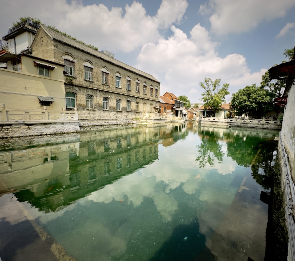 a body of water with buildings in the background