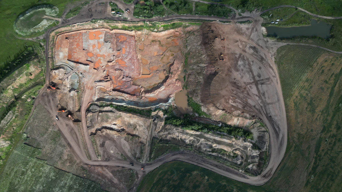 Aerial view of a quarry and material extraction site