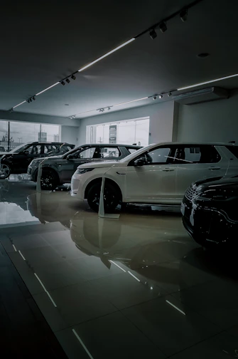 Front view of a cozy car dealership showroom with cars displayed inside and a welcoming atmosphere.